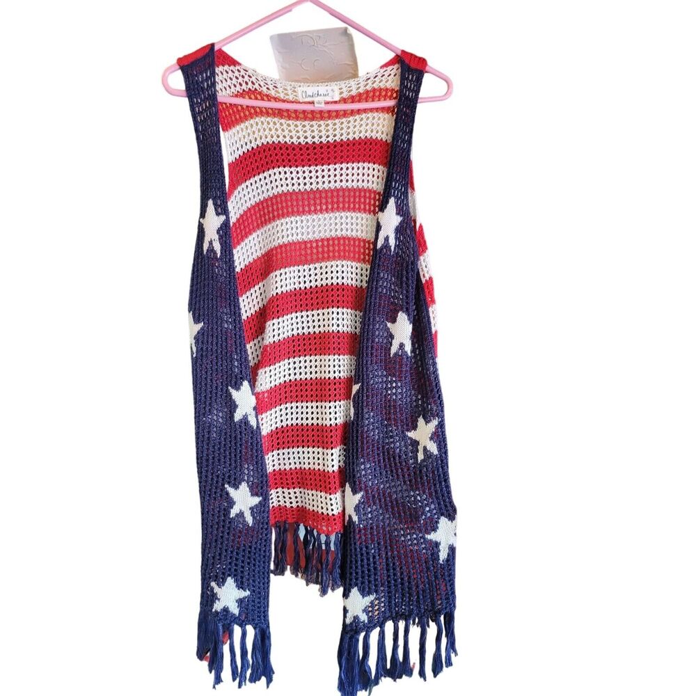 Cloud Chaser Knit Sleeveless‎ Cardigan L Womens Patriotic 4th Of July Pull On